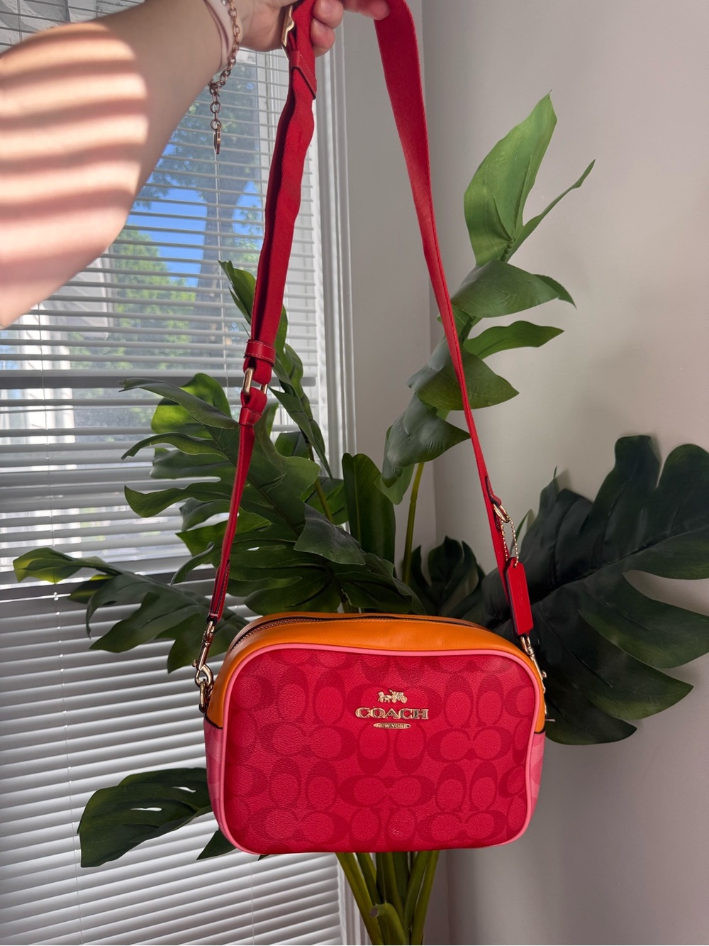 Coach Red and Orange Signature Camera Crossbody